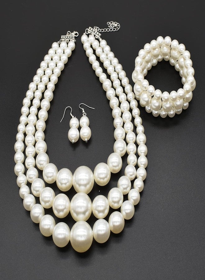 CIOOU A-White Chunky Faux Pearl Necklace and Earring Set - Large Costume Jewelry for Women - 1920s Gatsby Accessories - Image 3